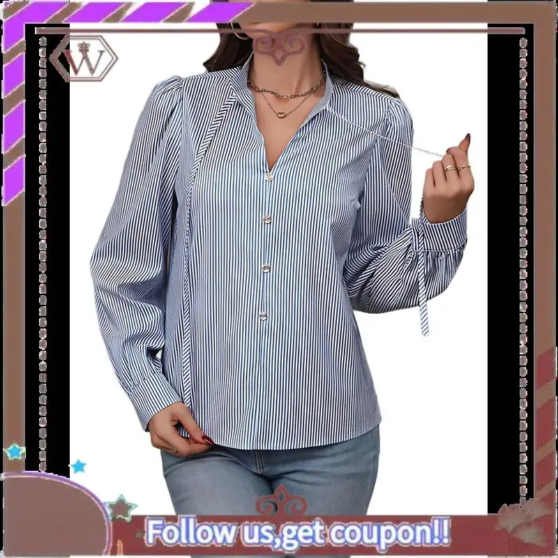 

A95D-Womens Striped Button Down Shirts Classic Long Sleeve Stylish Office Work Blouses Tops