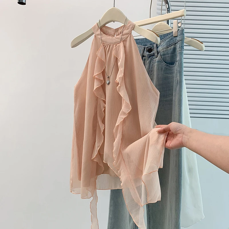 

Summer 2026 New Hanging Neck T-Shirt Irregular Sleeveless Versatile Base Shirt Women's plus Size Fat MM Top Commute Style Art...