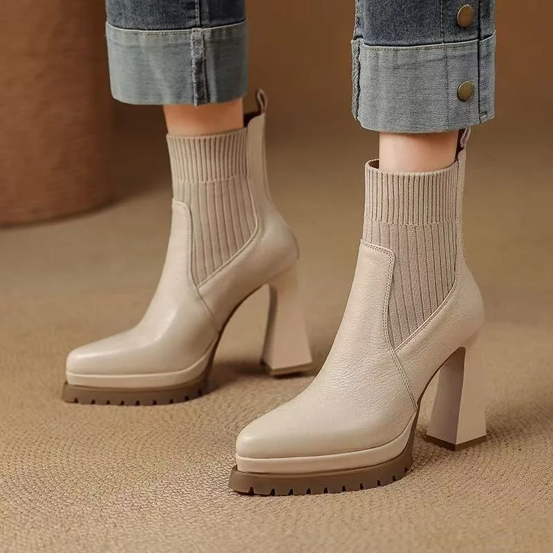 French Retro Pointed Toe Platform Stretchy Socks Boots Women's Autumn and Winter New Versatile Temperament High Heels