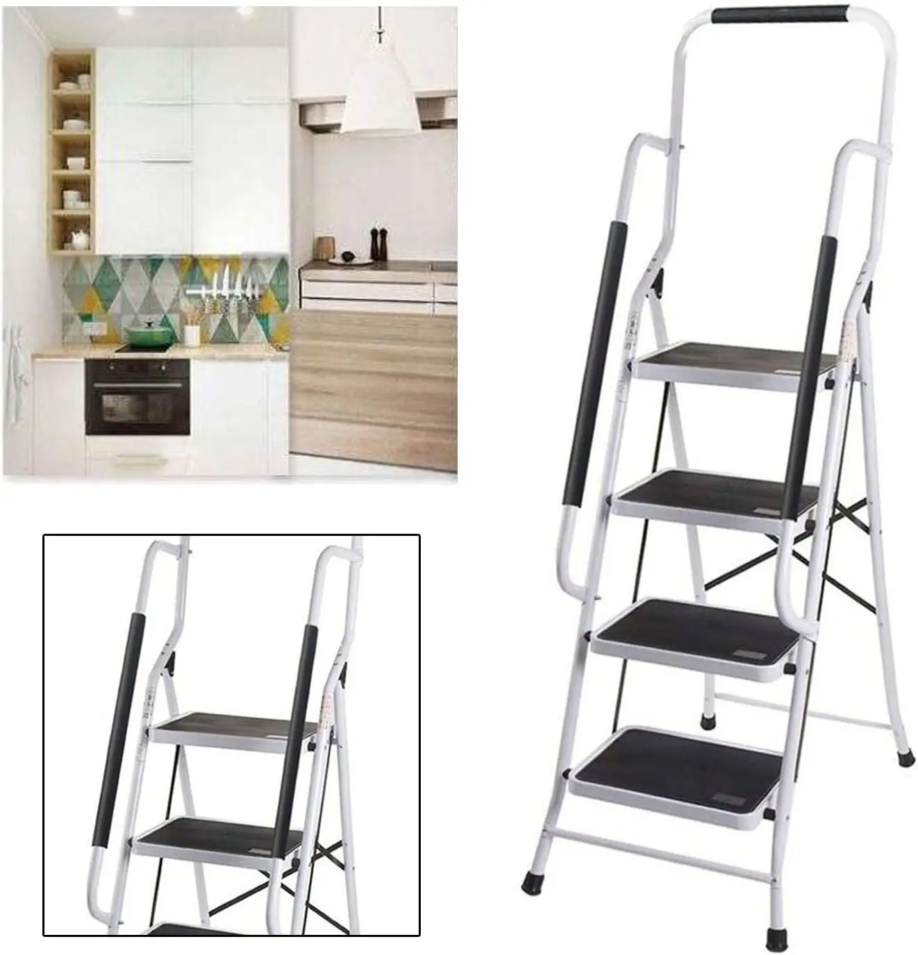 Stahl-Klappleiter mit 4 Stufen und Handlauf, Rutschfeste Stufenleiter für Einfachen Transport und Lagerung in der Küche