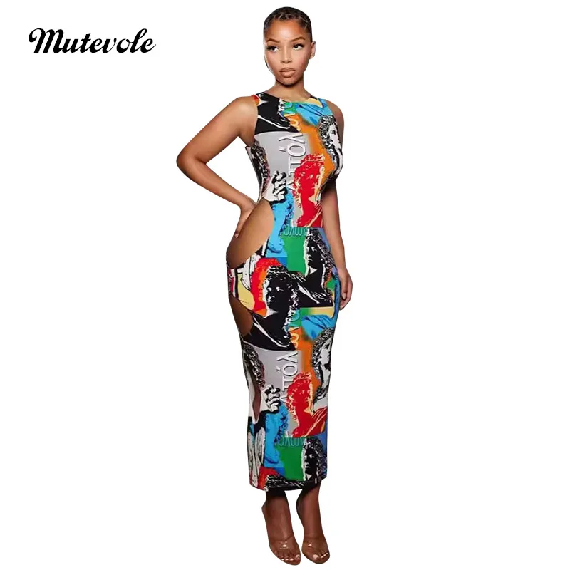 Mutevole Sommer sexy aus geschnitten ärmelloses langes Kleid Frauen Patchwork Print Loch Bodycon Sommerkleid