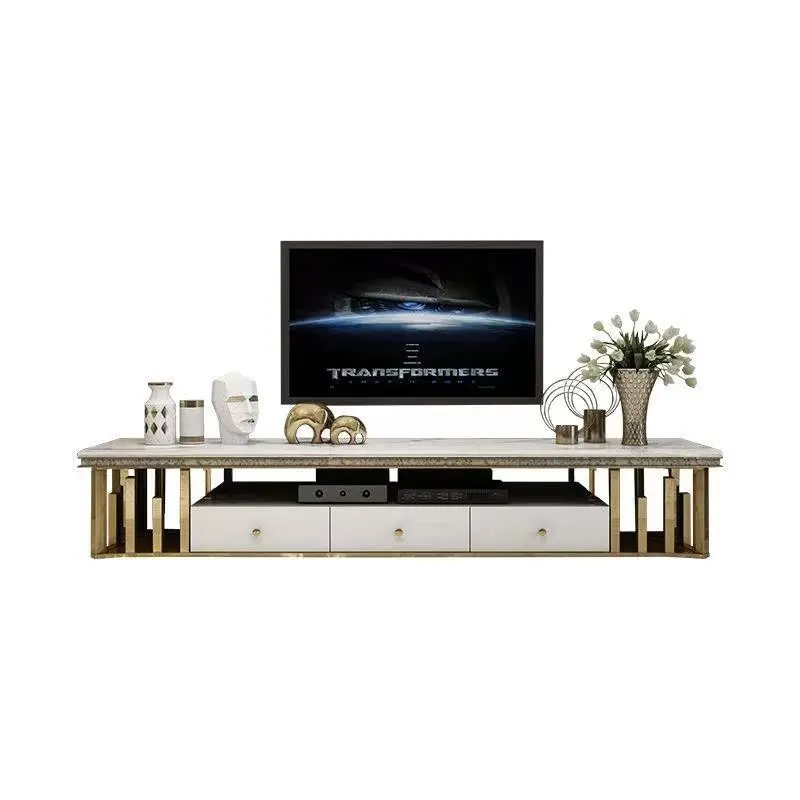 

Light luxury, marble, TV cabinet, white, paint, stainless steel, coffee table, living room