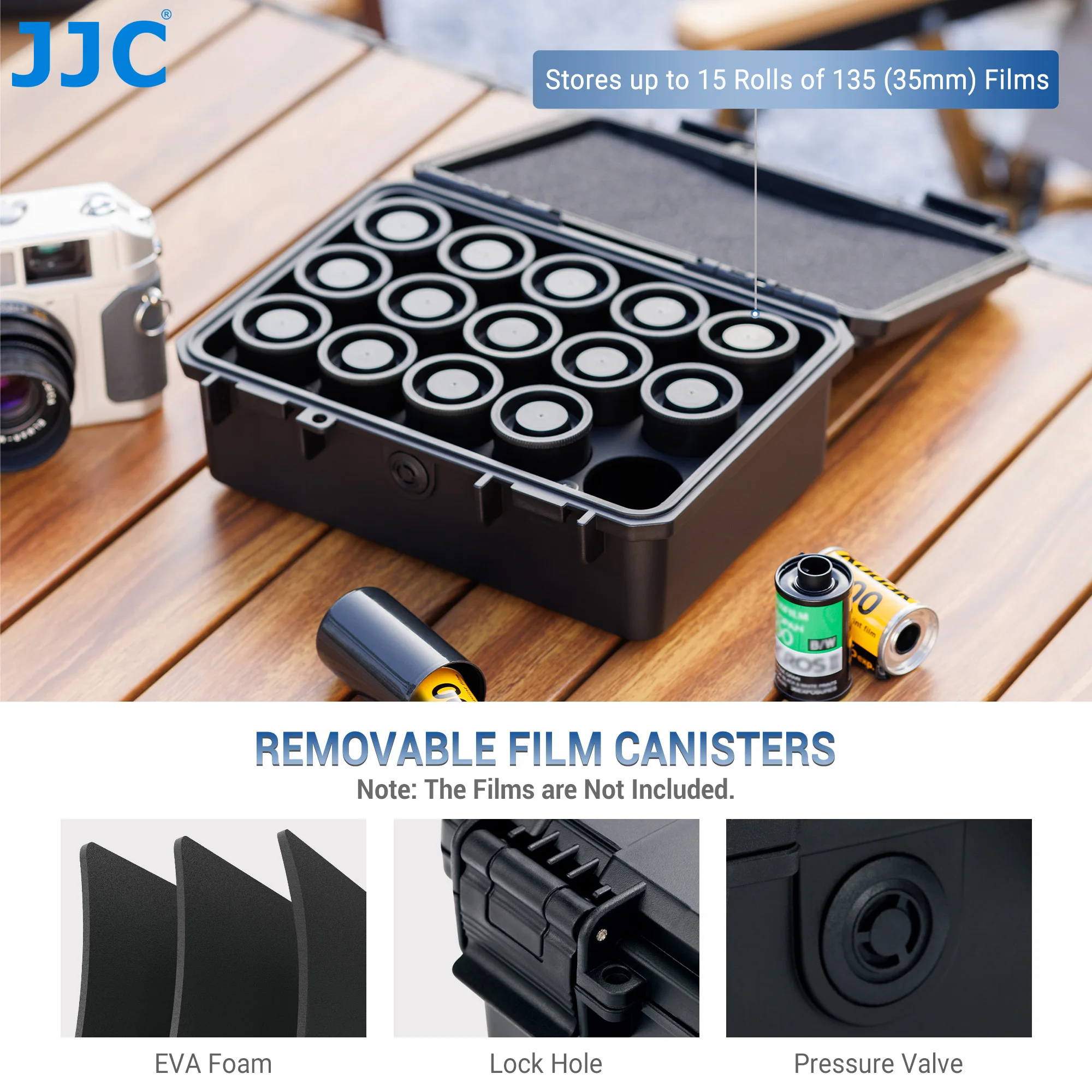 JJC Heavy Duty 35mm Film Case Holder for 15 Rolls of 35mm 135 Film IP67 Waterproof and Light-Sealed Film Roll Storage Container