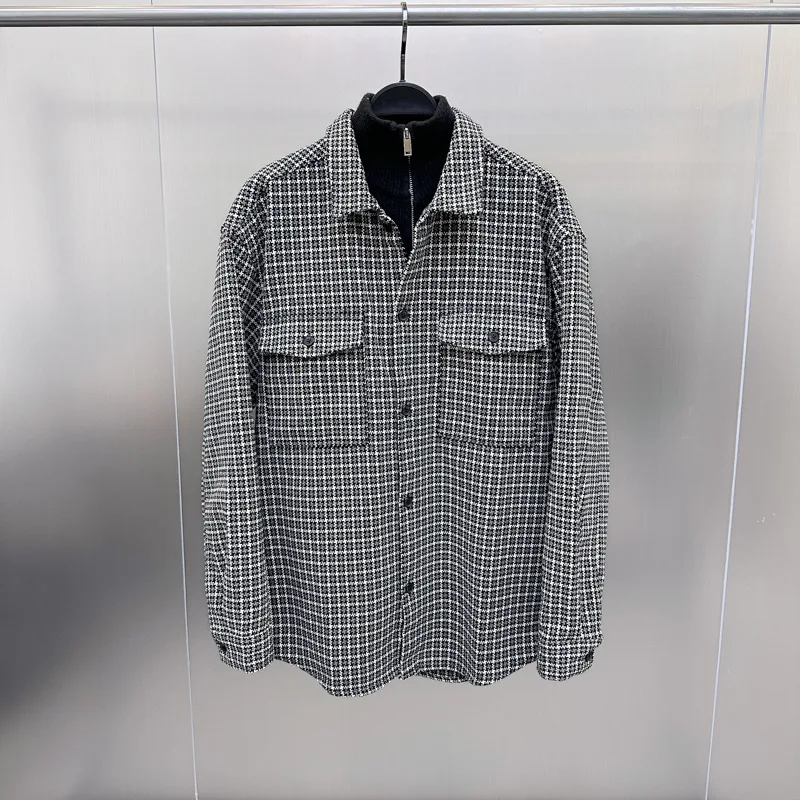 

Модная клетчатая повседневная куртка свободного кроя для мужчин, осенне-зимняя, вязаная, с отложным воротником, рабочая одежда, верхняя одежда, цвет птичьего розового.