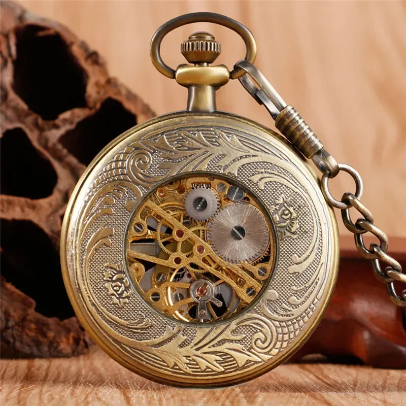 Bronze Vintage Style Men Women Handwinding Mechanical Skeleton Pocket Watches Full Hunter Case Pendant FOB Chain Clock Gift relo