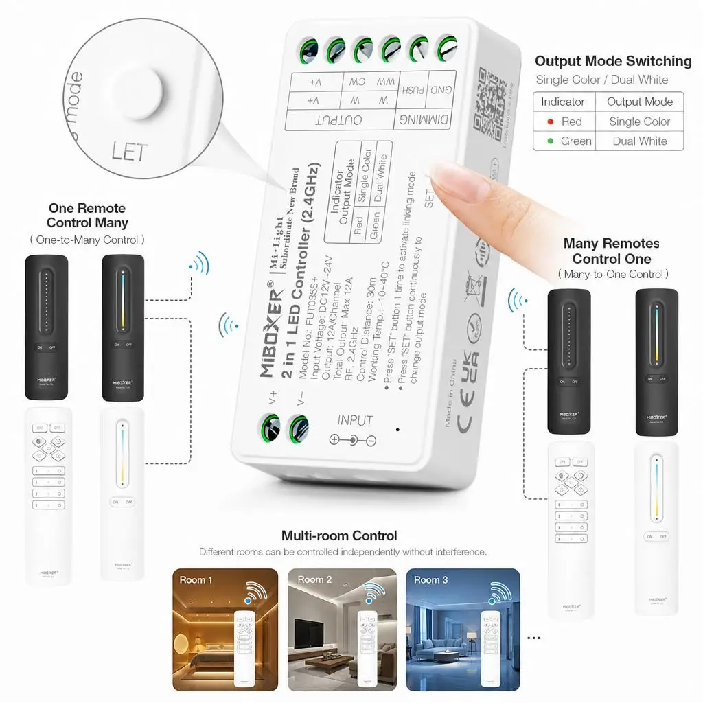 MiBoxer FUT035S+ C1 C3 C3P DC12-24V 2.4GHzRF 2in1 Dual White Single Colour COB Smart CCT LED Strip Light Dimmer Controller