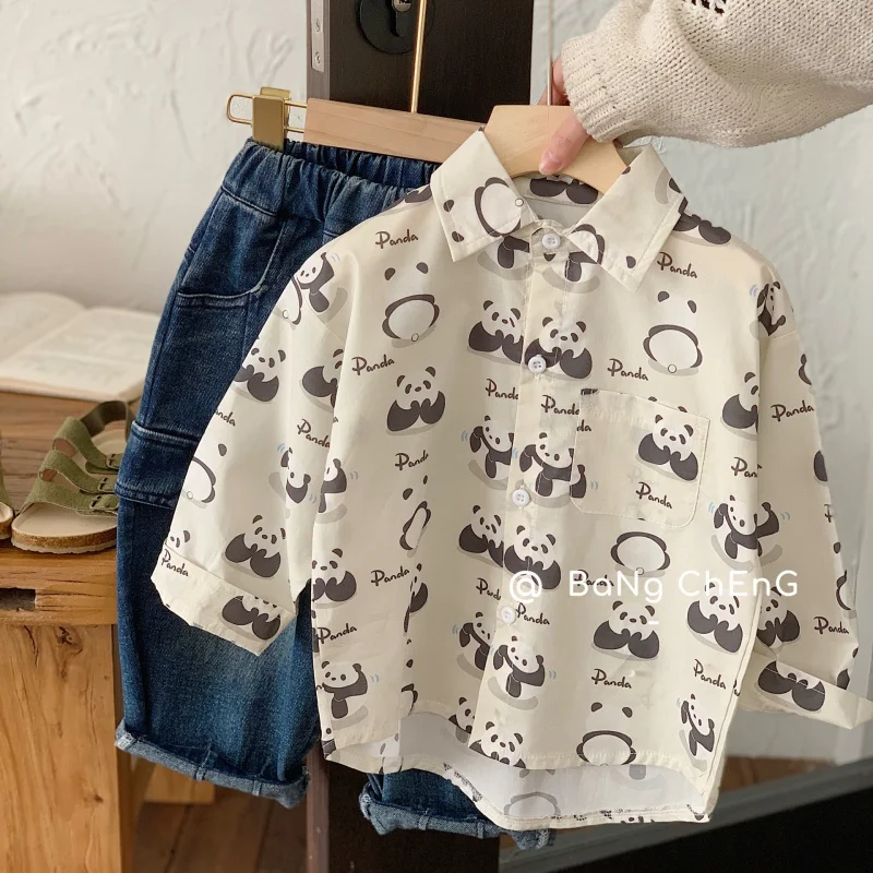 

Children's shirt2024Spring Western Style Boy Cute Top Children's Clothing New Panda Shirt Fashion G0034-WS