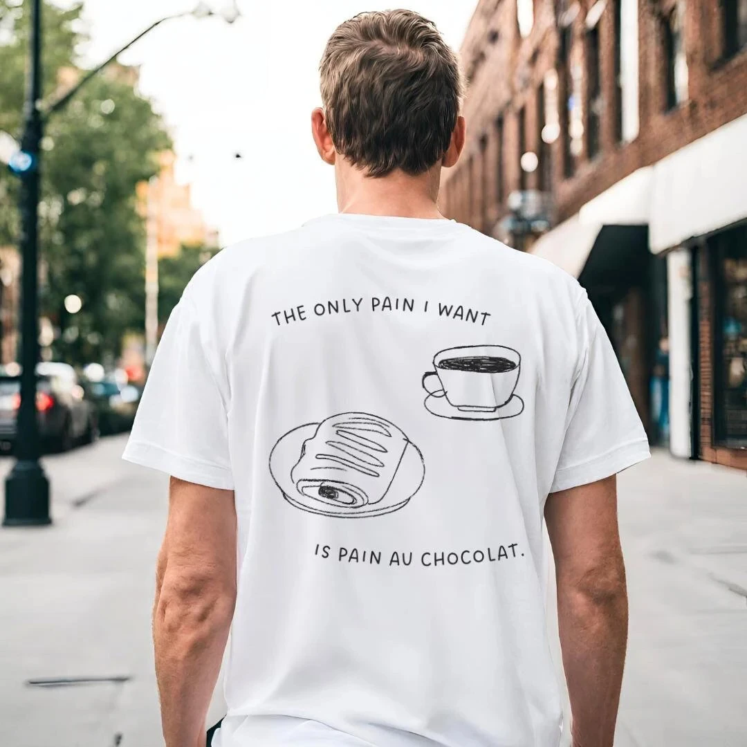 Men and Women Casual All-purpose T-shirt for Breakfast Lovers. T-shirt with Food Back Print Pattern. Student Healthy Snack.