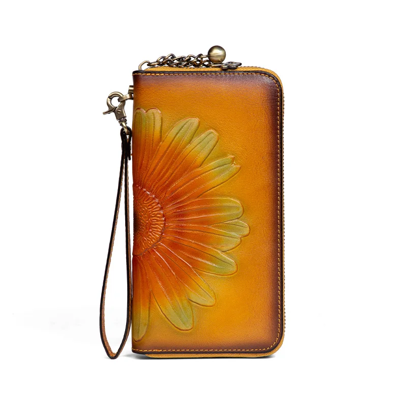 Genuine Leather RDIF Blocking Vintage Flower Embossed Long Cellphone Women Purse Hand Crafted Cowhide Wallet for Ladies