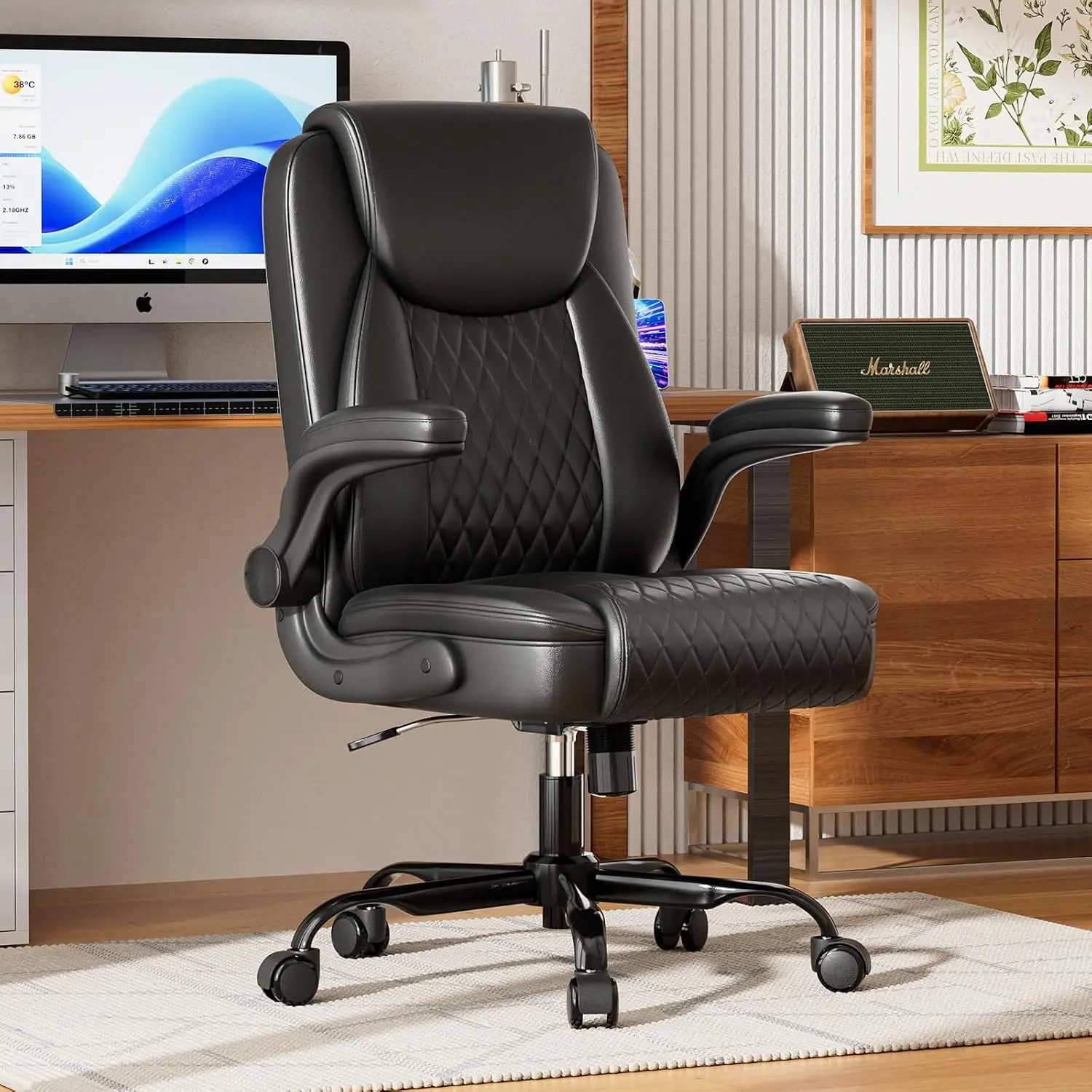 PU Leather Office Chair, Home Desk Chair with Flip-up Arms, Black Ergonomic Back, Memory Foam Cushion, Comfy Executive Chair for Home Office Gaming, Flexible Rocking, Heavy Duty Chairs