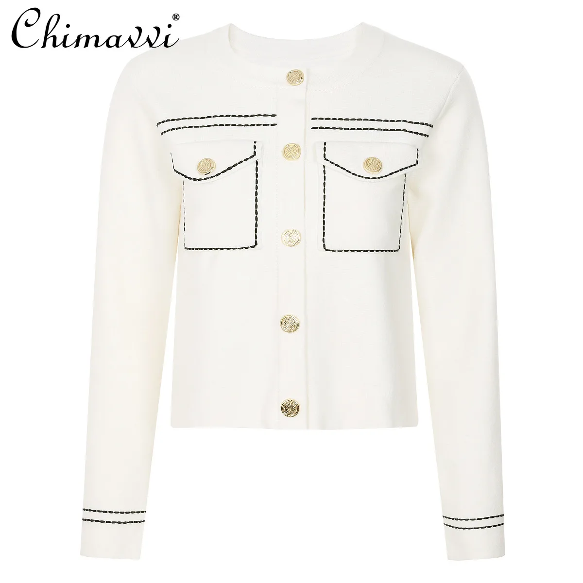 

Spring and Autumn New Fashion Round Neck Long Sleeve Knitted Top Off-White Slim Fit OL Elegant Women's Cardigan Coat
