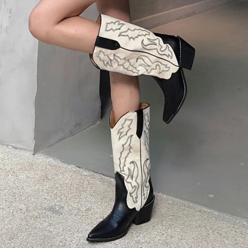 Designer Autumn Gladiator Woman Knee High Boots Fashion Embroidery Thick High Heel Shoes Ladies Outdoor Long Booties