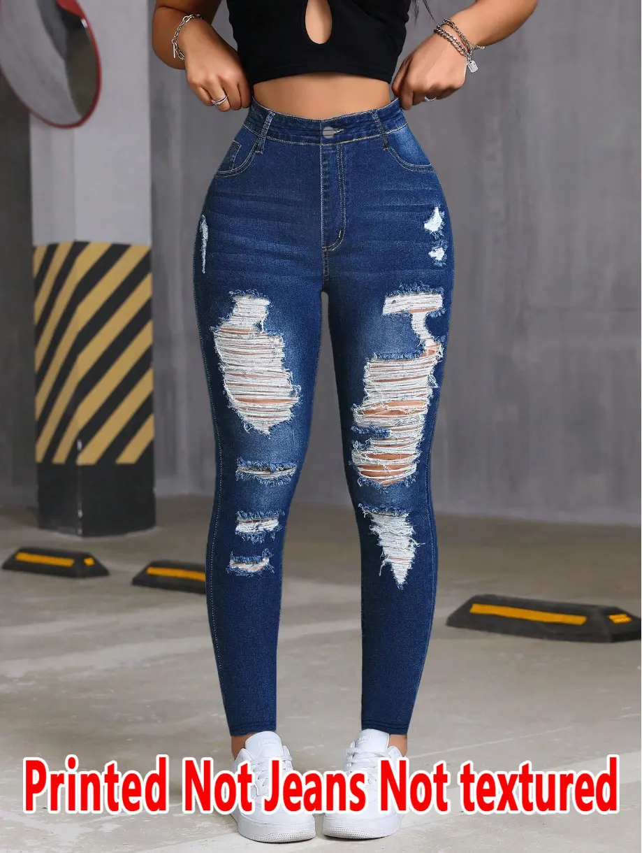 8385 Ladies Printed Denim Look Slim Fit Pants Non-Leather Material Wearable All Seasons Casual Wear
