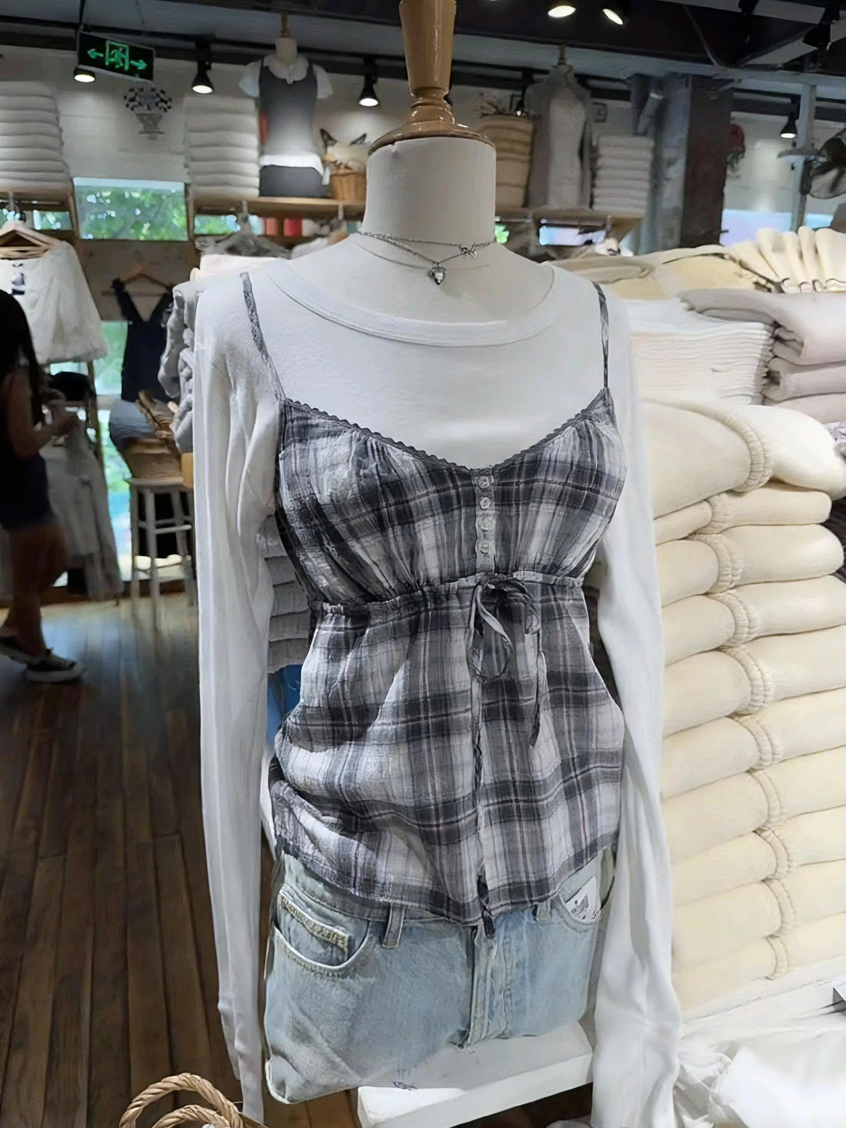 Grey Plaid Drawstring Slim Tank Top Summer V-neck Buttons Cotton Woman's Camisole Female Vintage Sweet Cute Preppy Style Vests