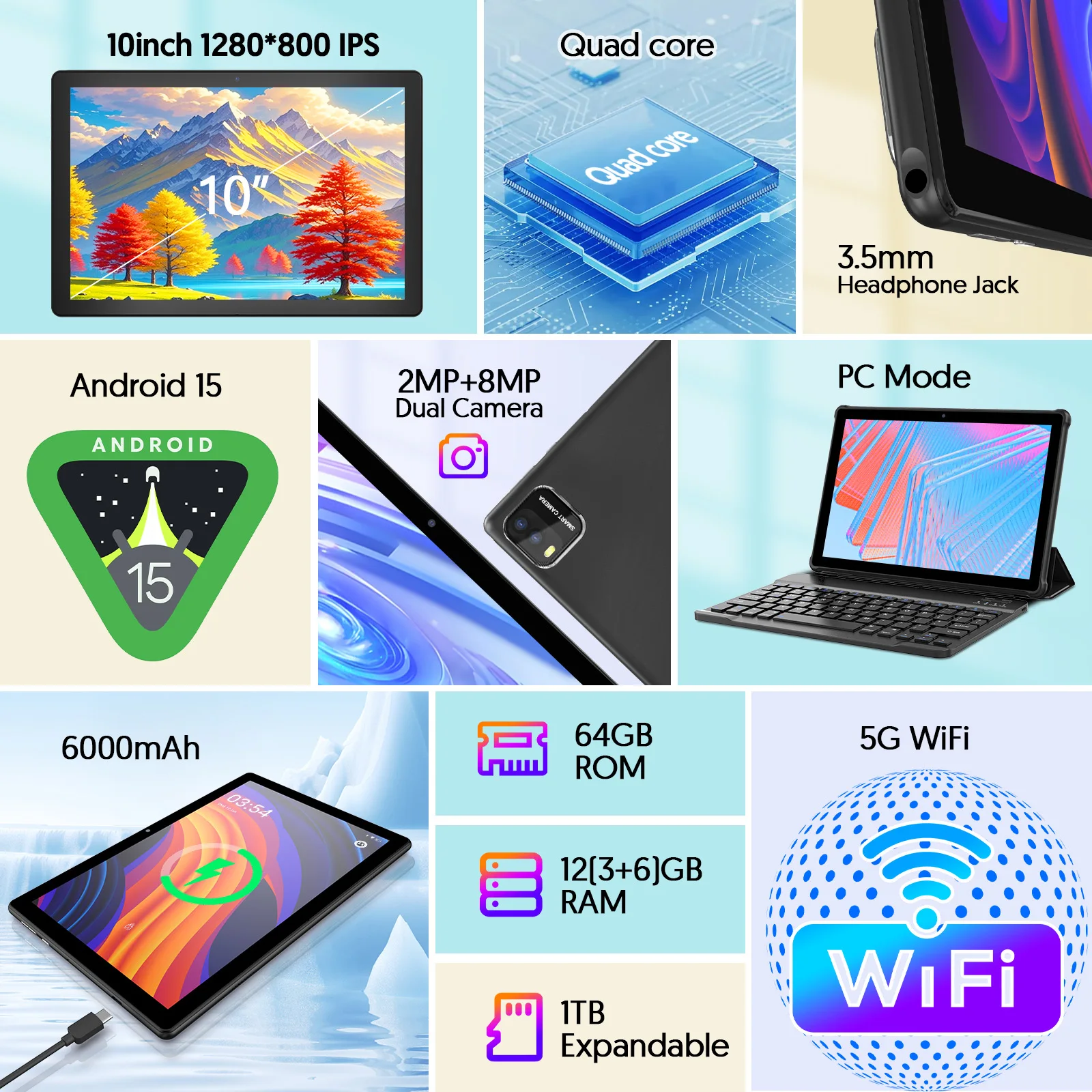 10,1-дюймовый планшет Android 15, поддерживает Google Play, четырехъядерный процессор, ОЗУ 12 ГБ (3+9), 64 ГБ ПЗУ, Bluetooth, аккумулятор 6000 мАч