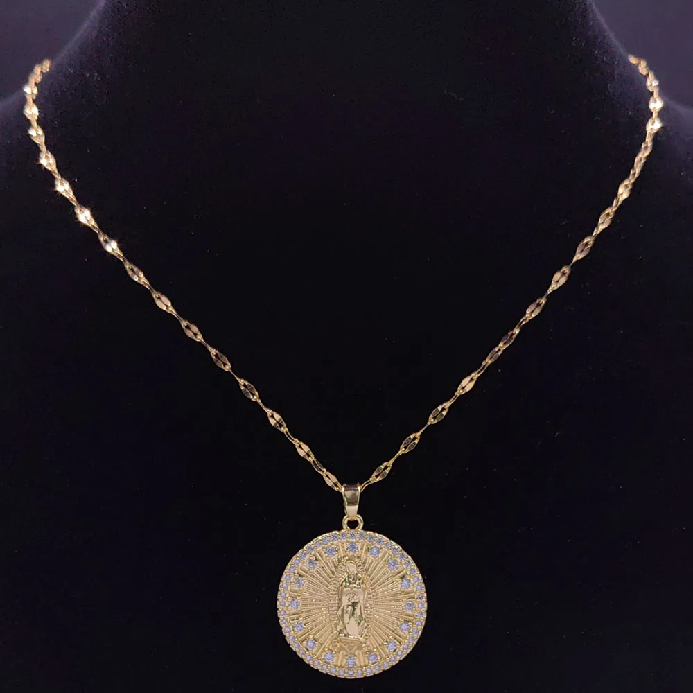 Luxury Virgin Mary Copper Zircon Medal Pendant Necklace for Women Men Stainless Steel Gold Color Our Lady Chain Jewelry collar