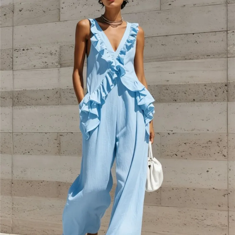 Women Sleeveless Jumpsuit Deep V Neck Ruffle Trim Wide Leg Long Pants Romper Loose Casual Summer Beach Vacation One Piece Outfit