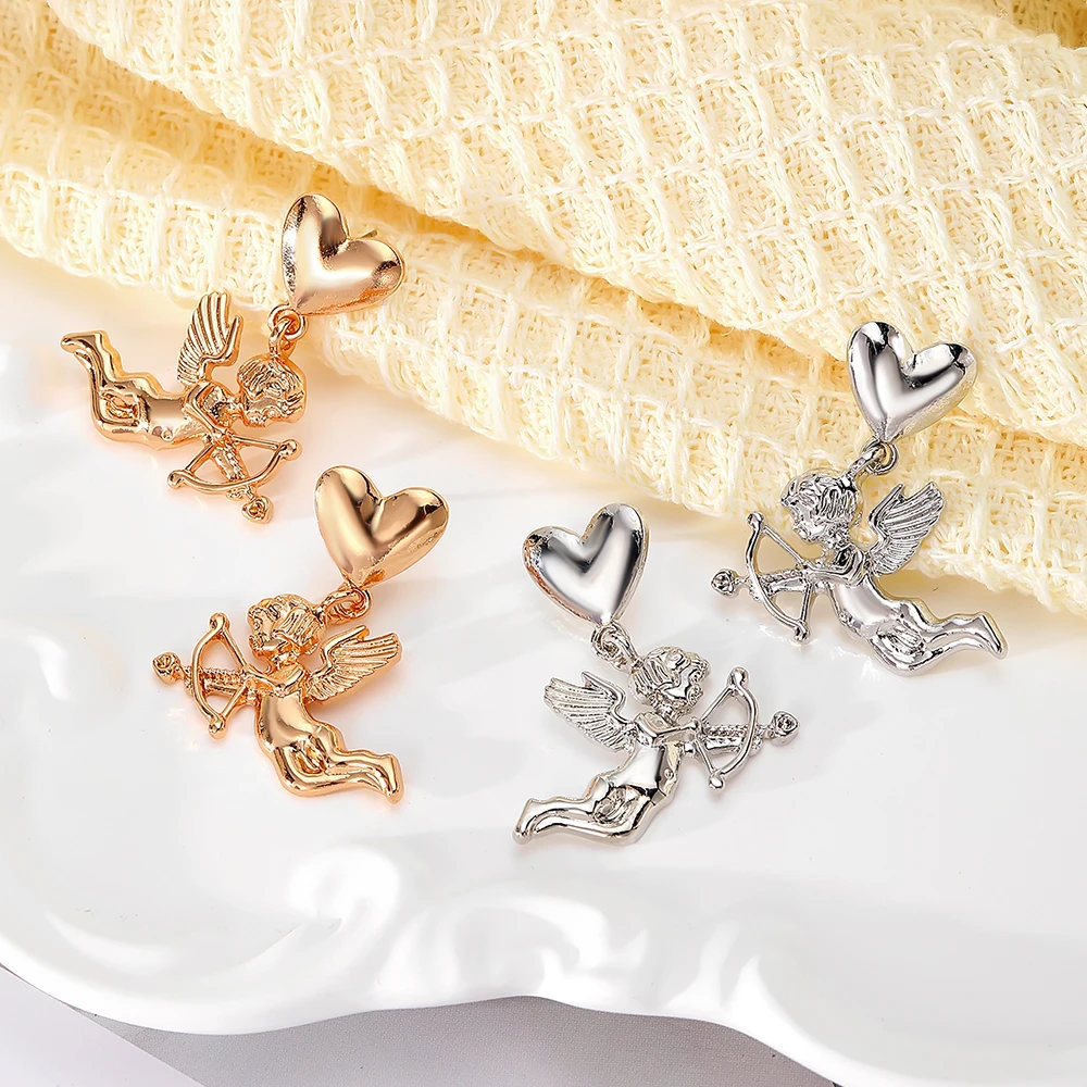 A Pair of Fashionable and Creative Cupid Hand-Held Heart Bow and Arrow Earrings Stainless Steel Earrings