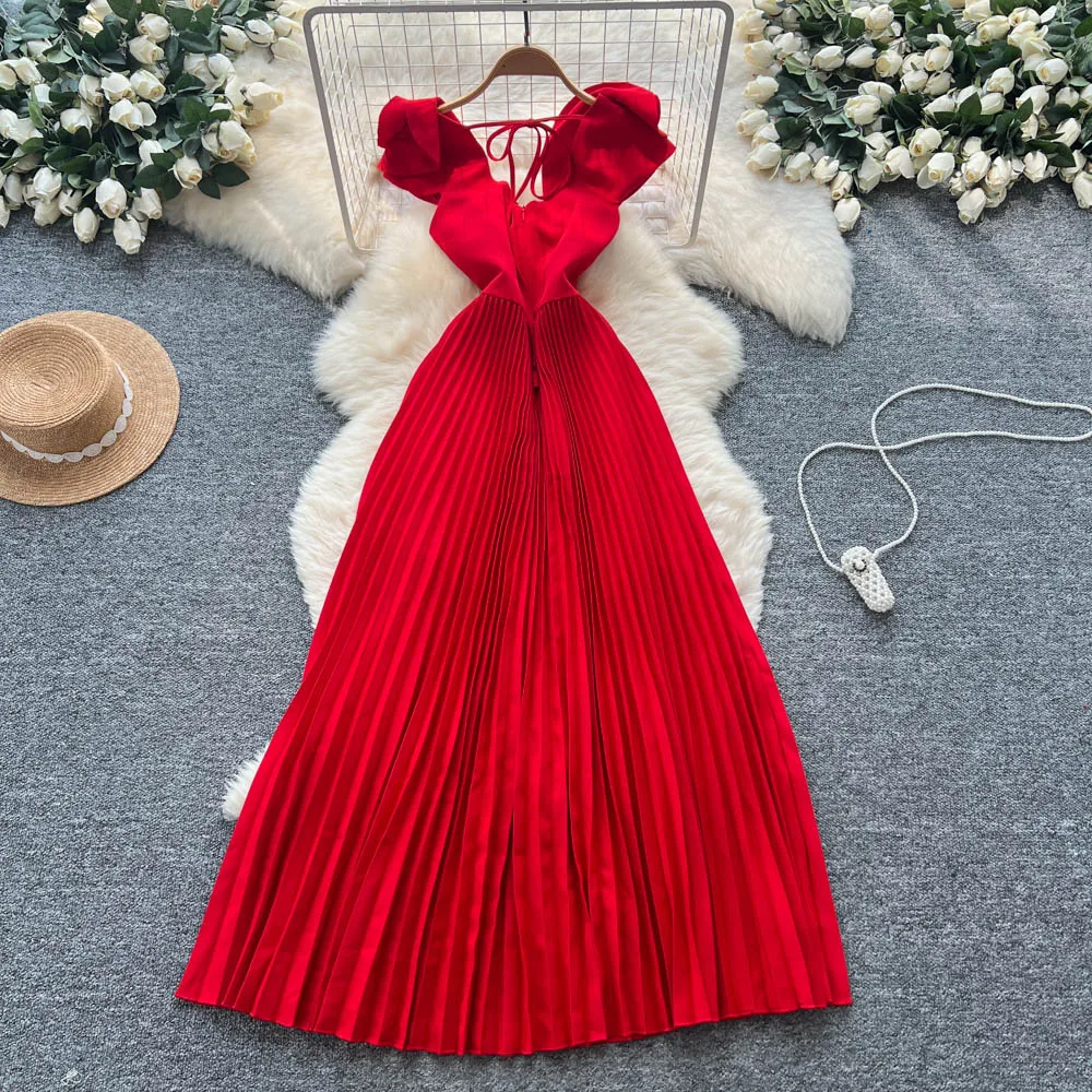 Schickes Vintage-Kleid mit V-Ausschnitt und Blumenmuster, gerüscht, aushöhlen, schlank, elegante Fee, koreanische Mode, Boho-Sommerkleid, Damenbekleidung, langes Kleid