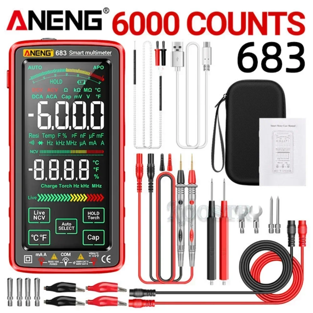 Aneng 683 smart digital multimeter touchscreen 6000 zählt ac/dc ampere meter voltmeter wiederauf ladbare ohm diode ncv multimeter tester