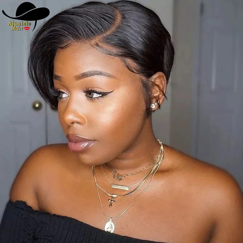 페루산 13x4 레이스 가발 사이드 파트 픽시컷 가발 100% 천연모 사이드 파트 스트레이트 밥 가발 투명 레이스 흑인 여성용