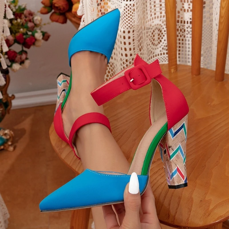 

Unique Mixed Colors Design Heels Women Fashion Pointed-toe Ankle Strap Buckle Chunky Heels Sandals Luxury Brand Designer Shoes