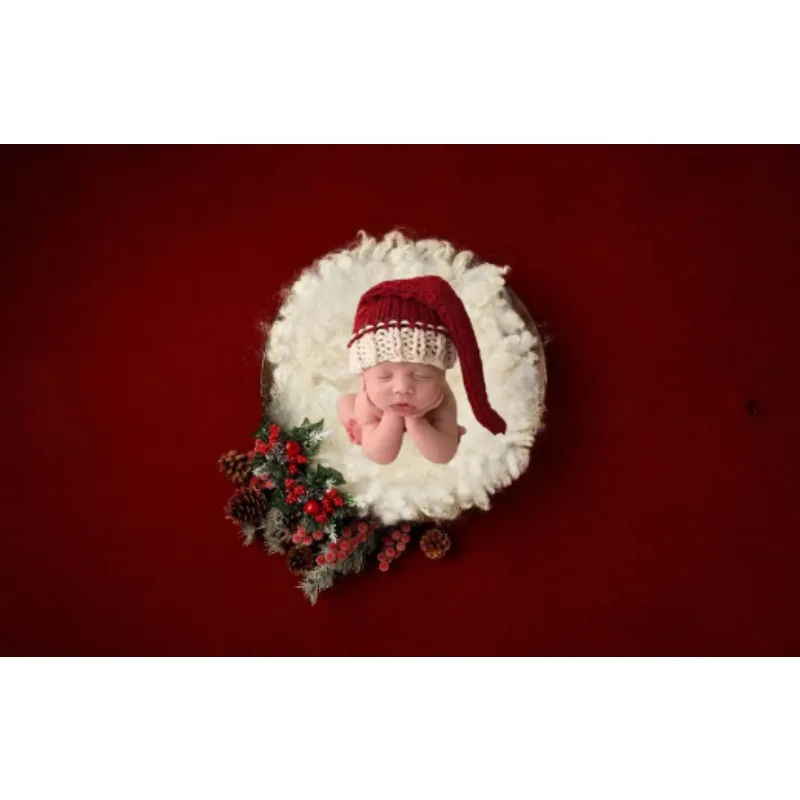 

Baby Christmas Photoshoot Hat - Red Knitted Santa Cap for Newborn Photography - Handmade Wool Studio Prop with White Pompom