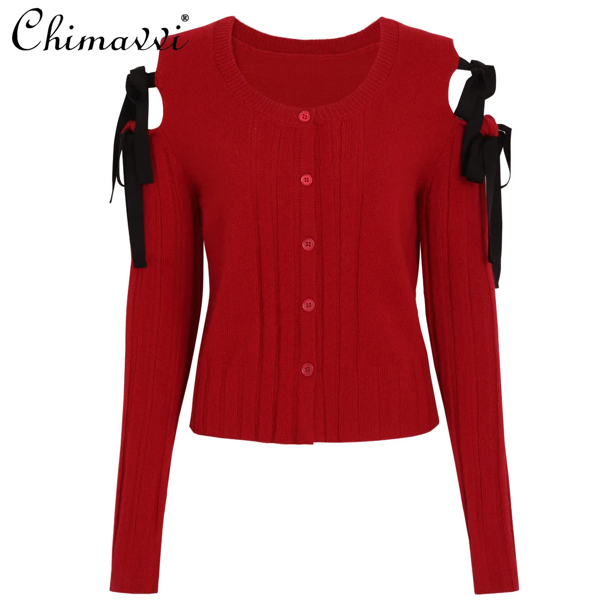 

Женский вязаный кардиган с открытыми плечами, длинными рукавами, круглым вырезом, на пуговицах, с бантом и шнуровкой, в стиле французской моды, весна 2026