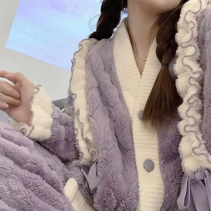 Purple Coral Fleece Pajamas Sets for Women Winter Thick Warm Long-Sleeved Trousers Homewear 2 Pcs/lot Sleepwear