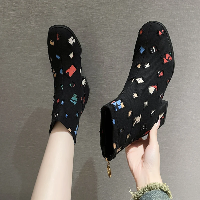 2026 Autumn and Winter New Heightened Rear Zipper Fashion Rags Booties Women's Non-slip Fashion Round Toe Block Heel Shoes view 3