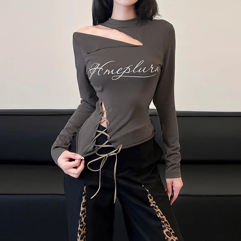 European and American Style Autumn New Women's Clothing Tear Irregular Opening Design Top Leopard Print Casual