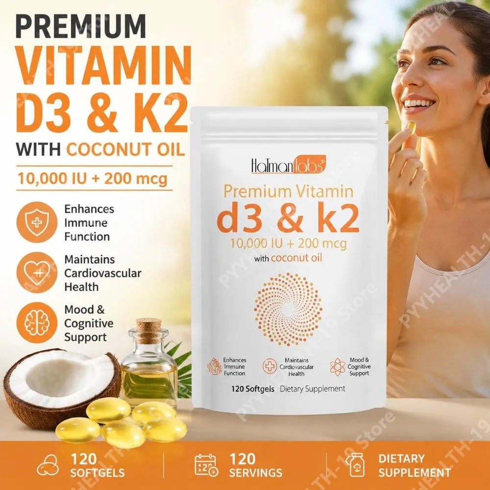 HalmanLabs Vitamin D3 K2 Softgels 10000IU 200mcg Coconut Oil For Immune Bone Mood & Cardiovascular Support Adult 120 Count