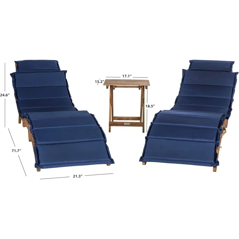 SAFAVIEH Outdoor Collection Pacifica Natural Brown Solid Wood/Navy Cushion 3-Piece Chaise Lounge Set with Table (PAT7020C)