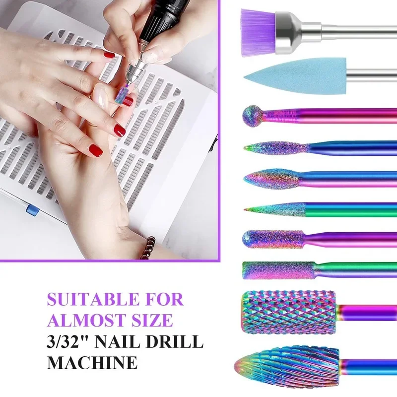 10 Pcs kit Diamond Milling Cutters Carbide Nail Drill Bits set rainbow SSFor Electric Drill Manicure Machine Accessory Tungsten