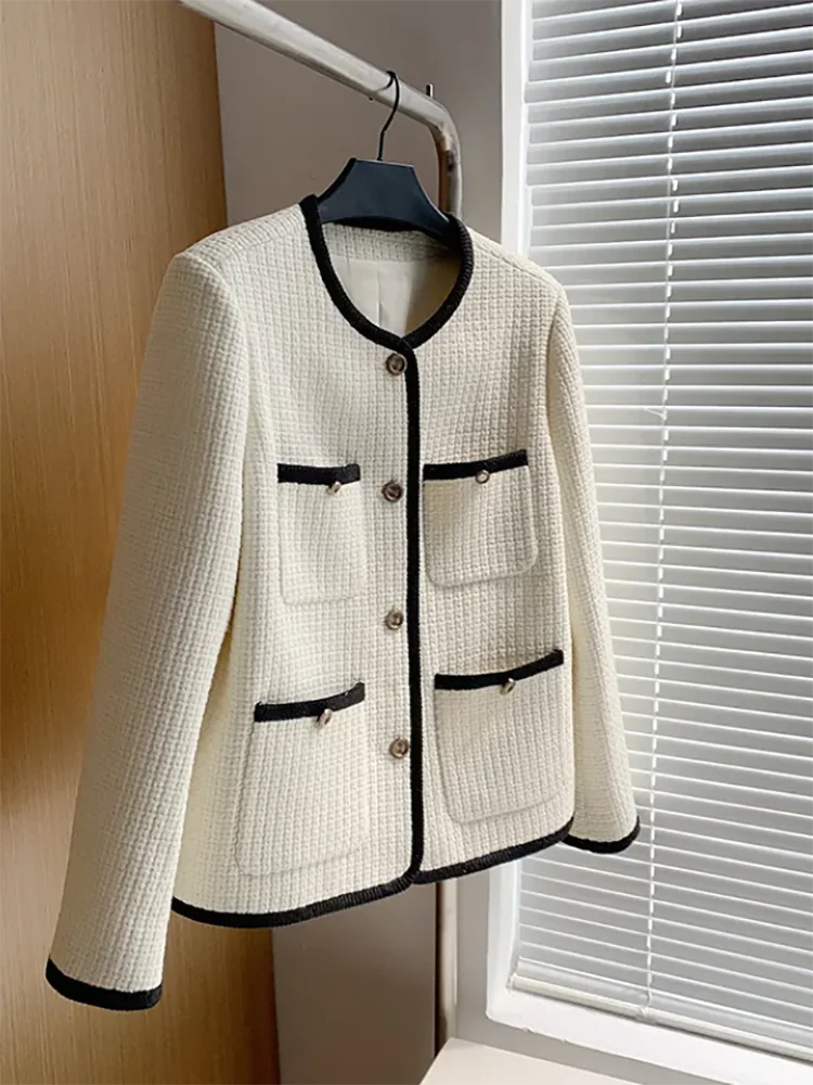 Autumn Winter New Woolen Jacket Women's Outwear Korean Round Neck Contrast Tweed Tops Loose Fashion All-match Casual Jackets