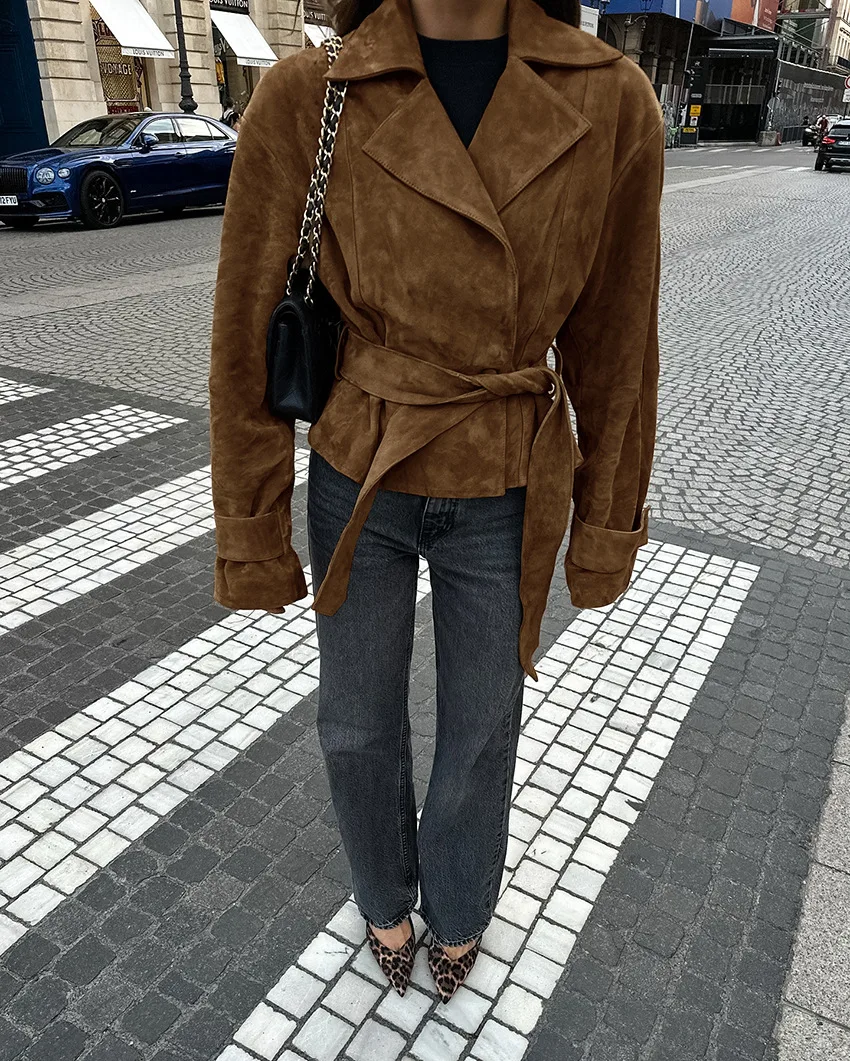 여성 캐주얼 브라운 더블 브레스티드 재킷 빈티지 스웨이드 봄버 재킷 벨트 라펠 코트 기본 아우터웨어 가을 겨울 패션