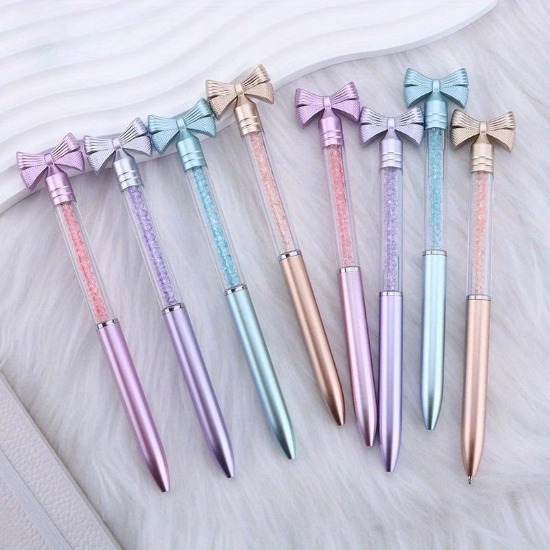 12/5 Pieces in Random Colors, Cute Bowknot Crystal Ballpoint Pen with Blue Ink, Signature Pen, Student School Office Stationery Writing Supplies, Holiday Gifts, Novelty Stationery, Teacher Party Gifts, Back-To-School Supplies, Halloween and Christmas Gifts