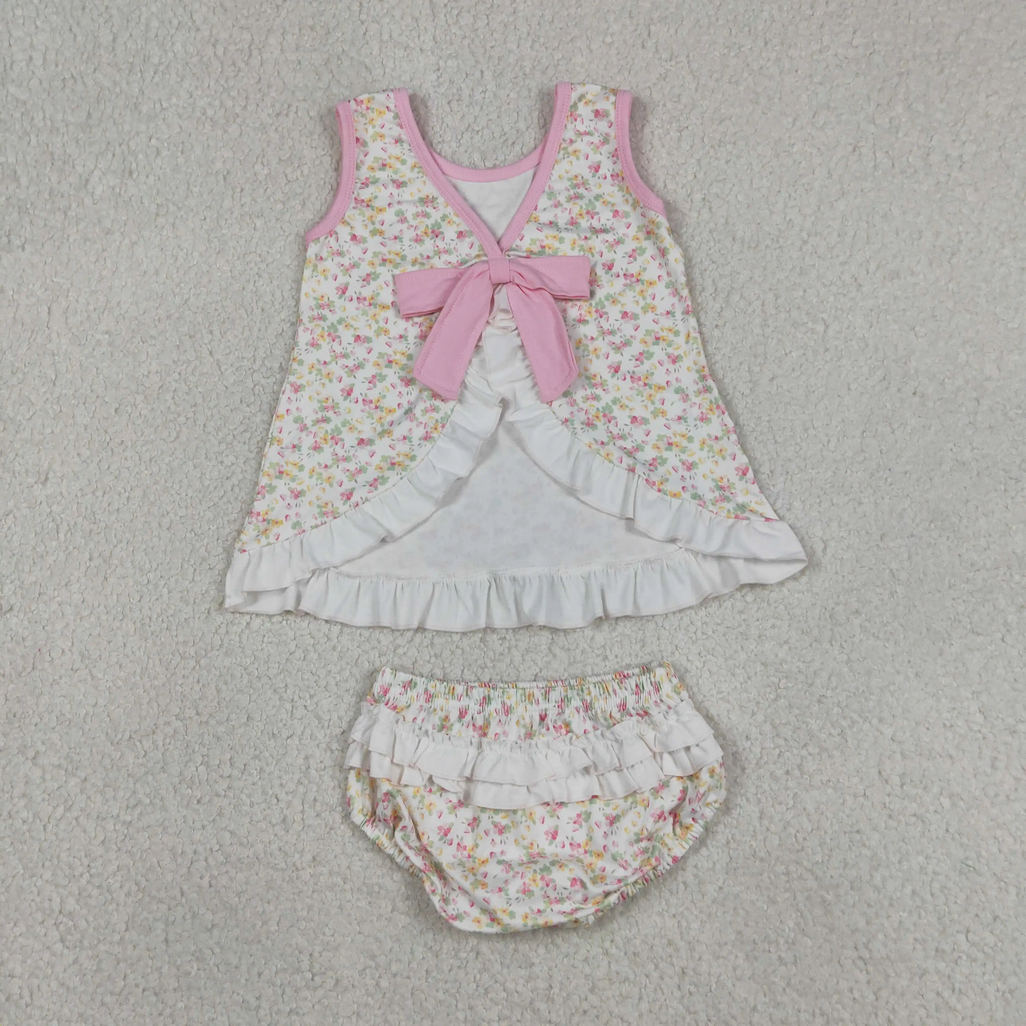 Wholesale Infant Baby Girl Floral Outfit Toddler Kids Sleeveless Bows Ruffle Tunic Flower Set Bummie Shorts Children Clothing