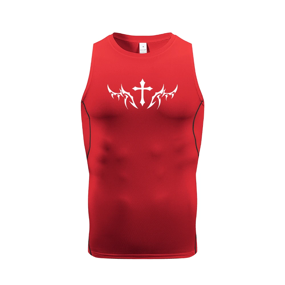 Men's Quick Dry Athletic Vest Dark Cross Totem Print Stretchy Sleeveless Top Suitable For Daliy Running Fitness And Cycling