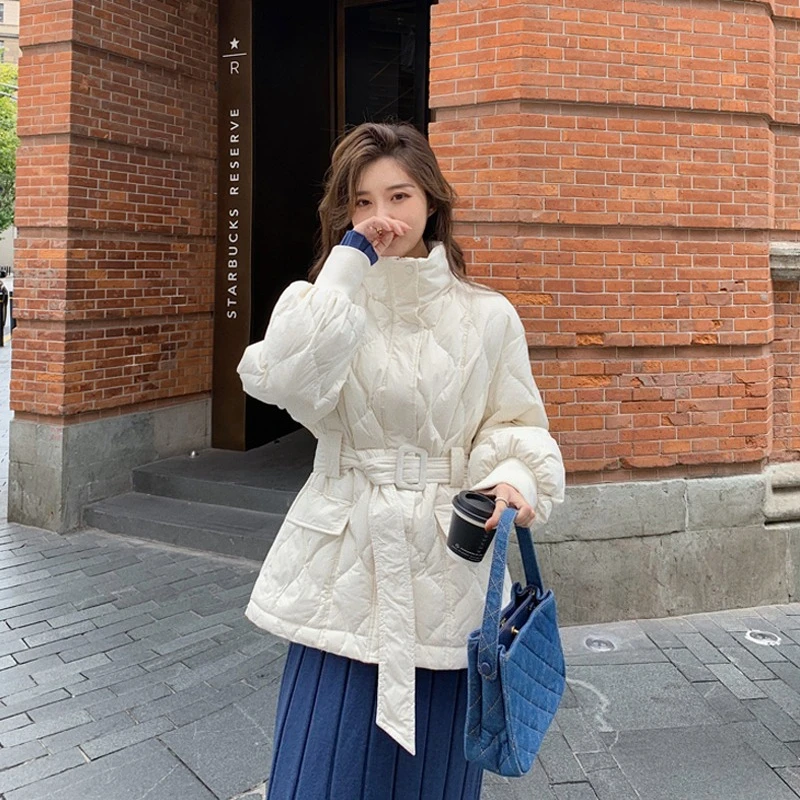 

Womens Short Puffer Jacket Hong Kong Style Waist Belt Lightweight Warm Winter Coat Korean Fashion Winter Outerwear