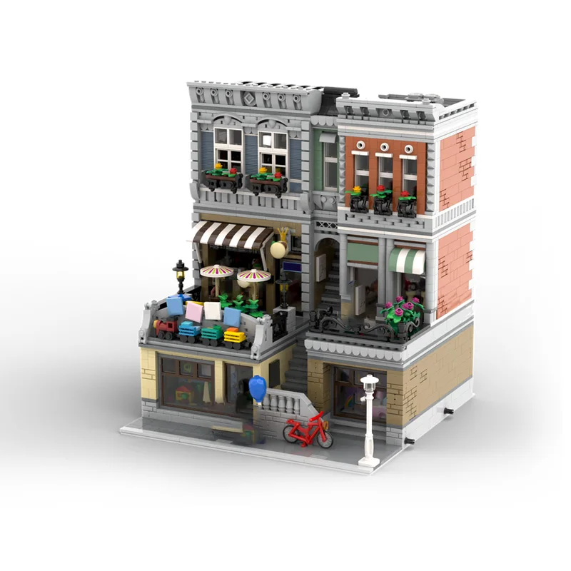 Cidade rua vista modelo moc tijolos de construção brinquedo loja e chapéu loja tecnologia modular presentes feriado montar crianças brinquedos terno