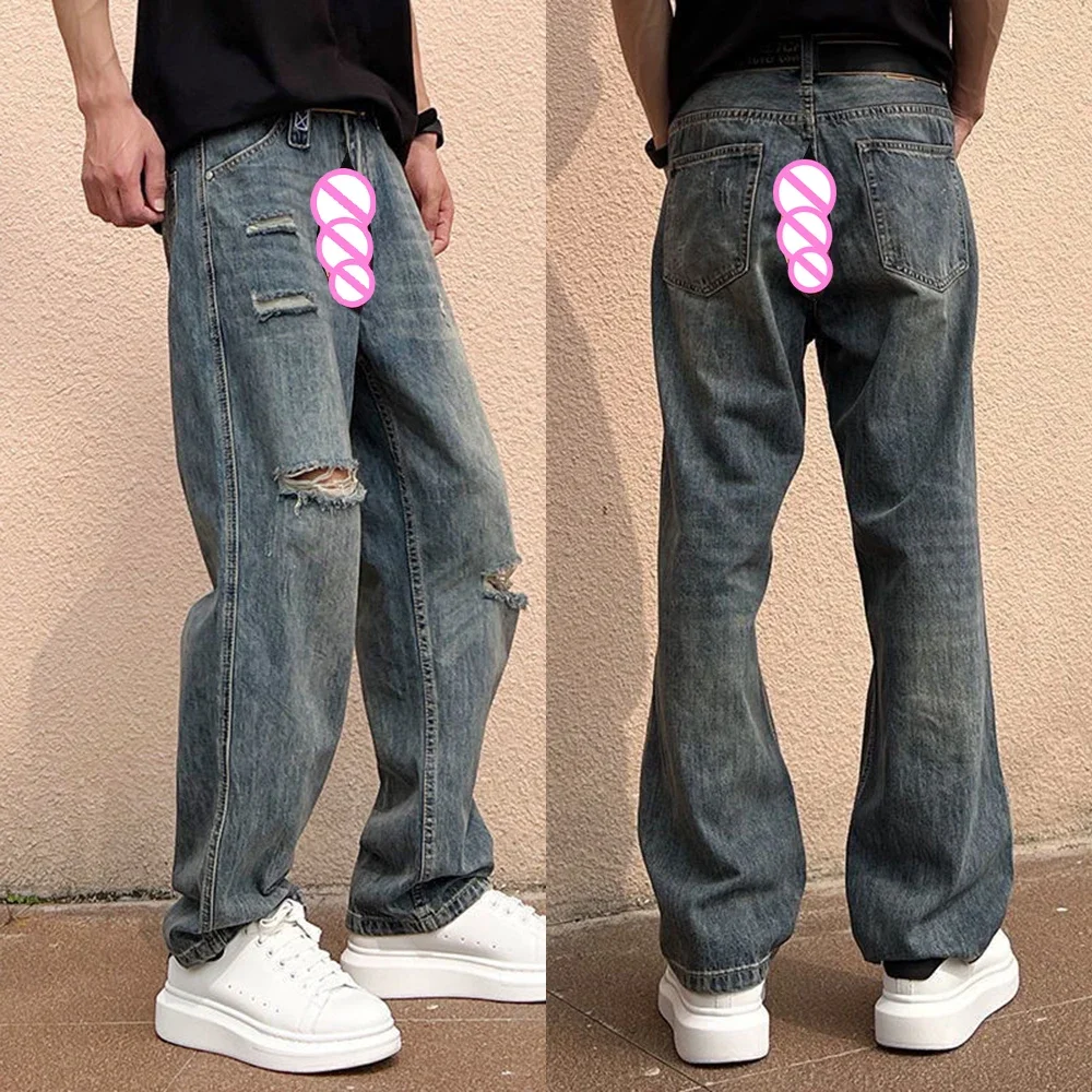 Retro Jeans Men's Invisible Open Crotch Outdoor Sex Straight Loose Slacks Ripped Overalls Trend Streetwear Pantalones Hombre