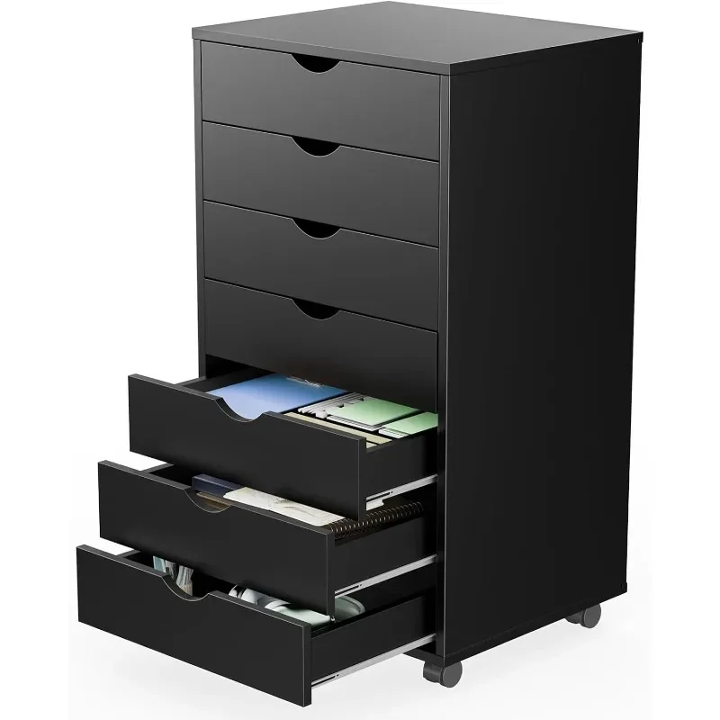 

7 Drawer Chest Mobile Storage Cabinets Wooden Dresser with Wheels Room Organization Furniture for Office Home, Black Wood