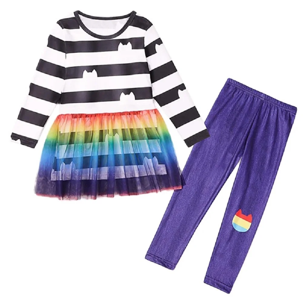 Spring Girls\' Clothing Gabby Doll House Cat Stripe Top Rainbow T-shirt Top Long Pants Set Children\'s Birthday Party Clothing Set