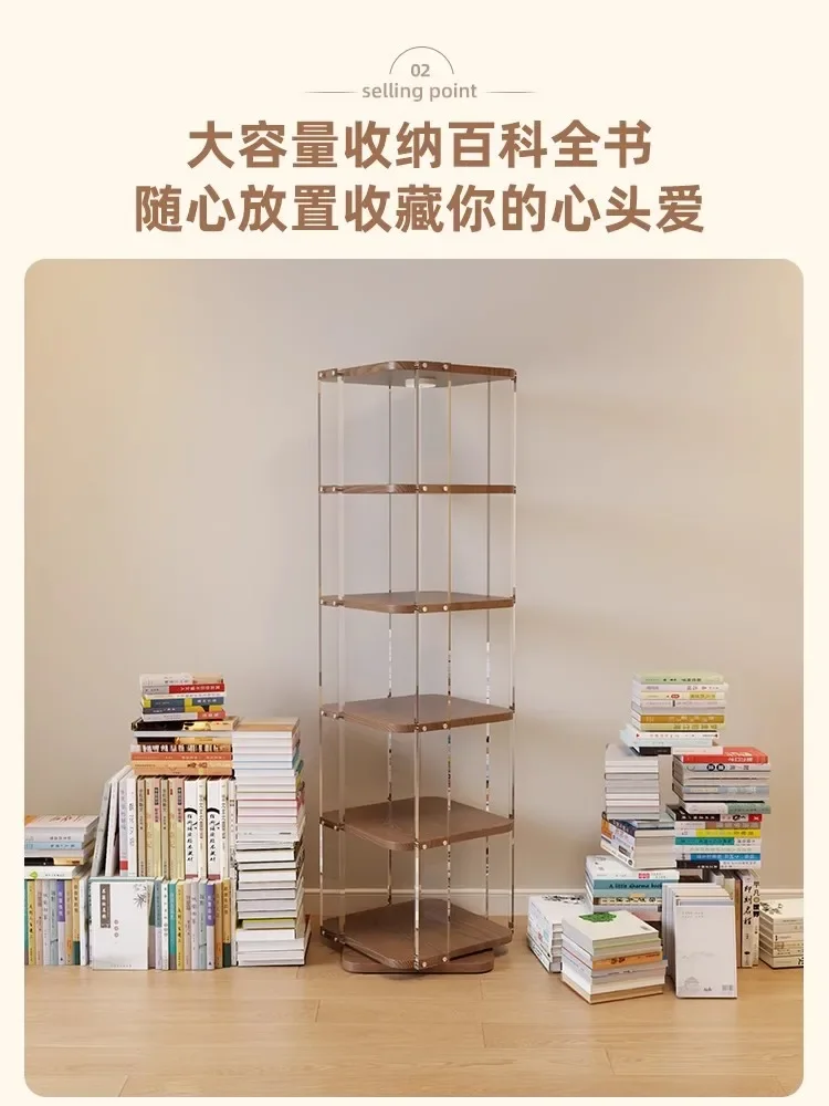 Acrylic rotating bookshelf 360 degree living room display cabinet floor rack TV cabinet next to solid wood bookcase