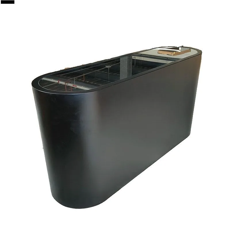 Black rounded corner paint bar counter clothing store checkout page glass middle island cabinet