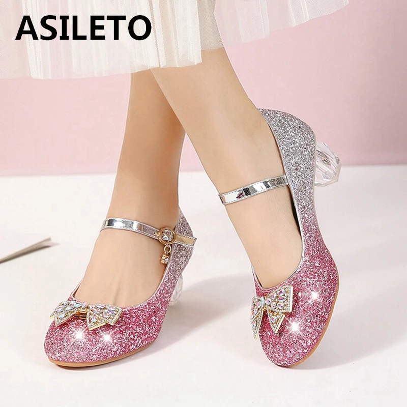 ASILETO Women Wedding Princess Pumps Mary Janes Bow Blue Sequins 5cm Transparent Heel Glitter Colorful Big Small Size 28 43