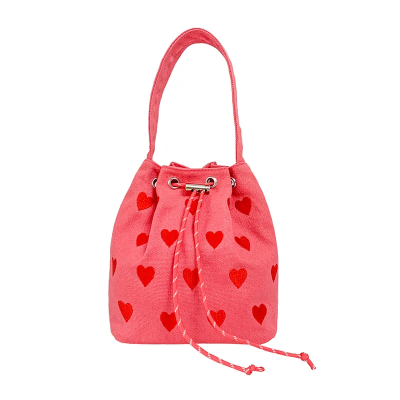 Embroidered Heart Women\'s Canvas Fashion Female Tote Crossbody Bags Small Handbags Cute Pink Love Girls Bucket Shoulder Bags