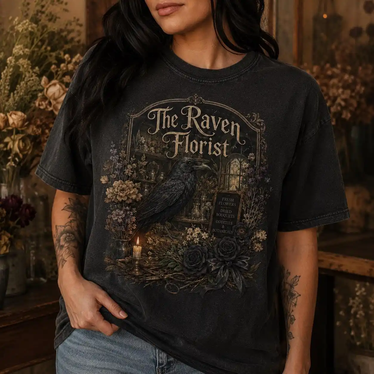 The Raven Florist Shirt,  Halloween Shirt, Gothic Raven Floral Tee, Dark Cottagecore Spooky Fall Shirt