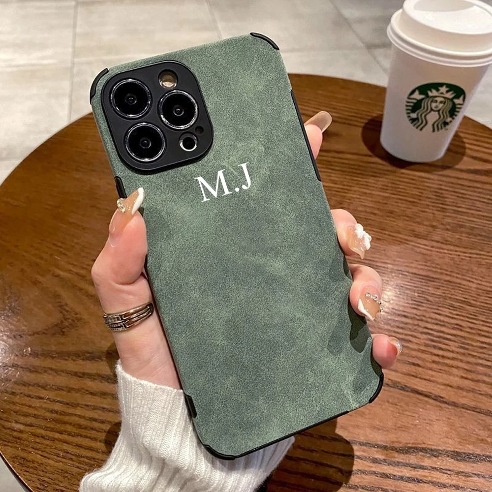 

Custom Initials Luxury Lambskin Leather Case for iPhone 13 12 11 14 Pro X XR XS Max 7 8 Plus Soft Silicon Shockproof Phone Cover